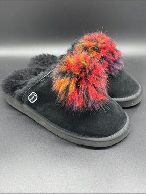 BearPaw Black Suede Slippers with Multicolor Fur Pom Sz 7